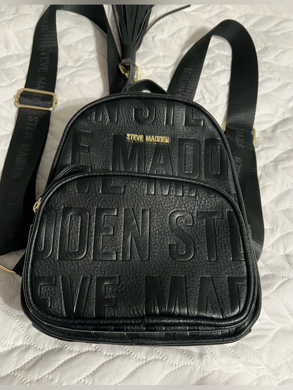 Steve Madden Black Embossed Logo Mini Backpack